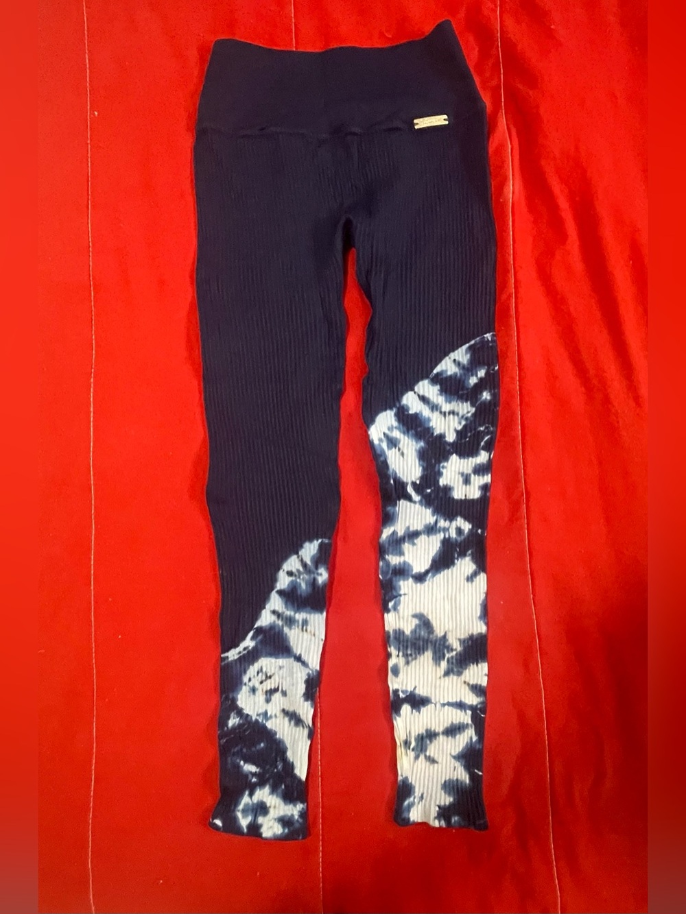 Bombshell Sportswear Navy Ribbed Leggings with White Tie-Dye Panels